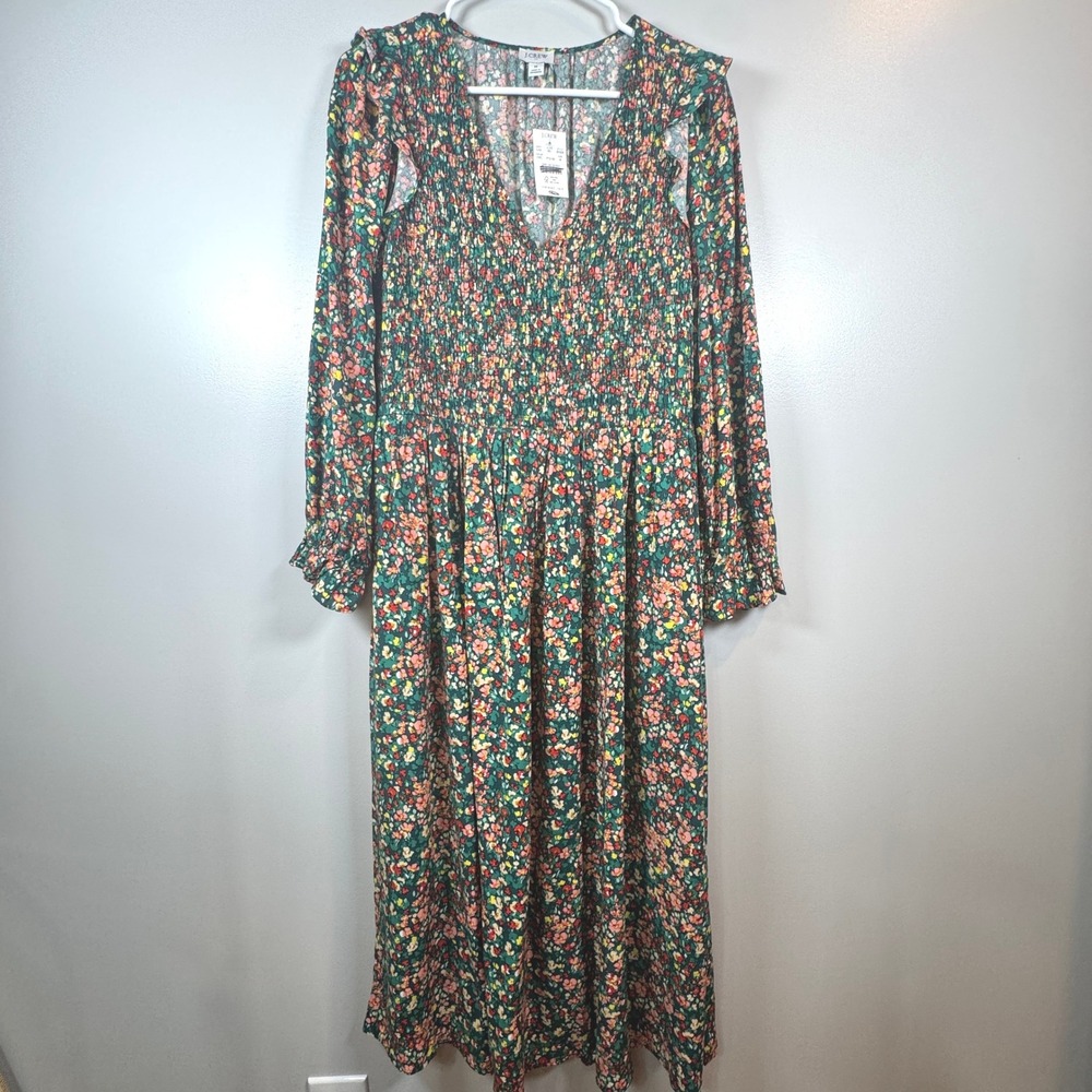 J.Crew NWT‎ Smocked Floral Midi Dress Med Green Red Yellow Ruffle Cottagecore